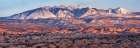 USA, Utah, Moab. Arches National Park, Panoramic view of La Sal Mountains at sunset in winter Art Print